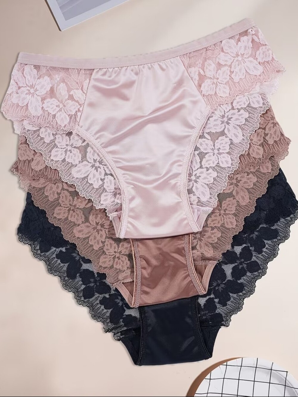 Lace Trim Satin Full Coverage Briefs - Pink, Brown, Black (Mixed Pack)